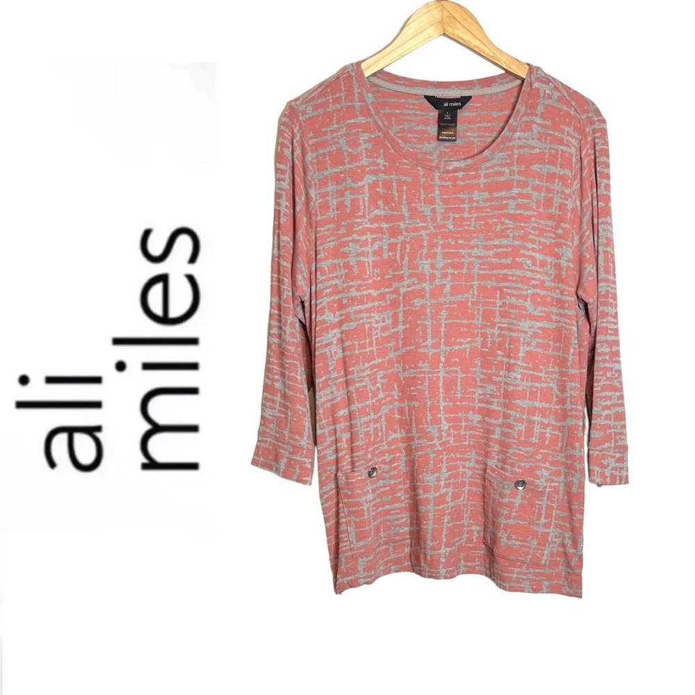 ✅SOLD-Ali Miles | Jersey Knit Blouse Pockets 3/4 Sleeve Stretch Abstract - Picture 1 of 8